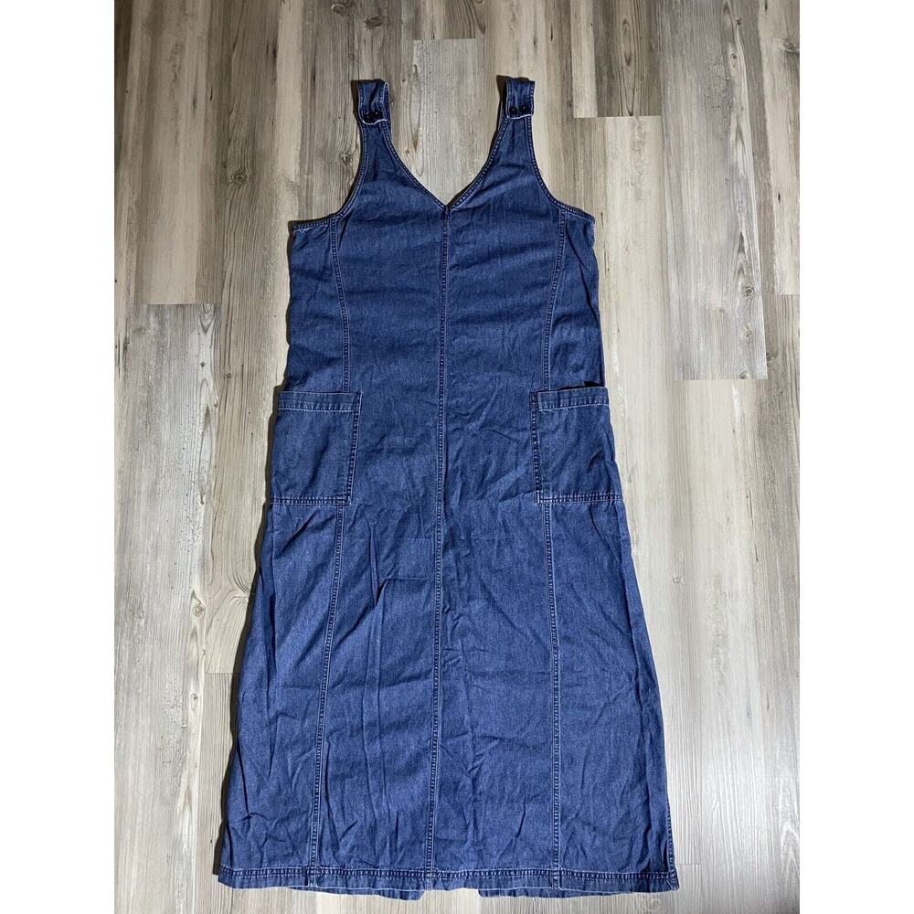 Women’s L Denim Maxi Dress Pockets Lagenlook Cottage Core‎ Modest Vneck Y2K 90s